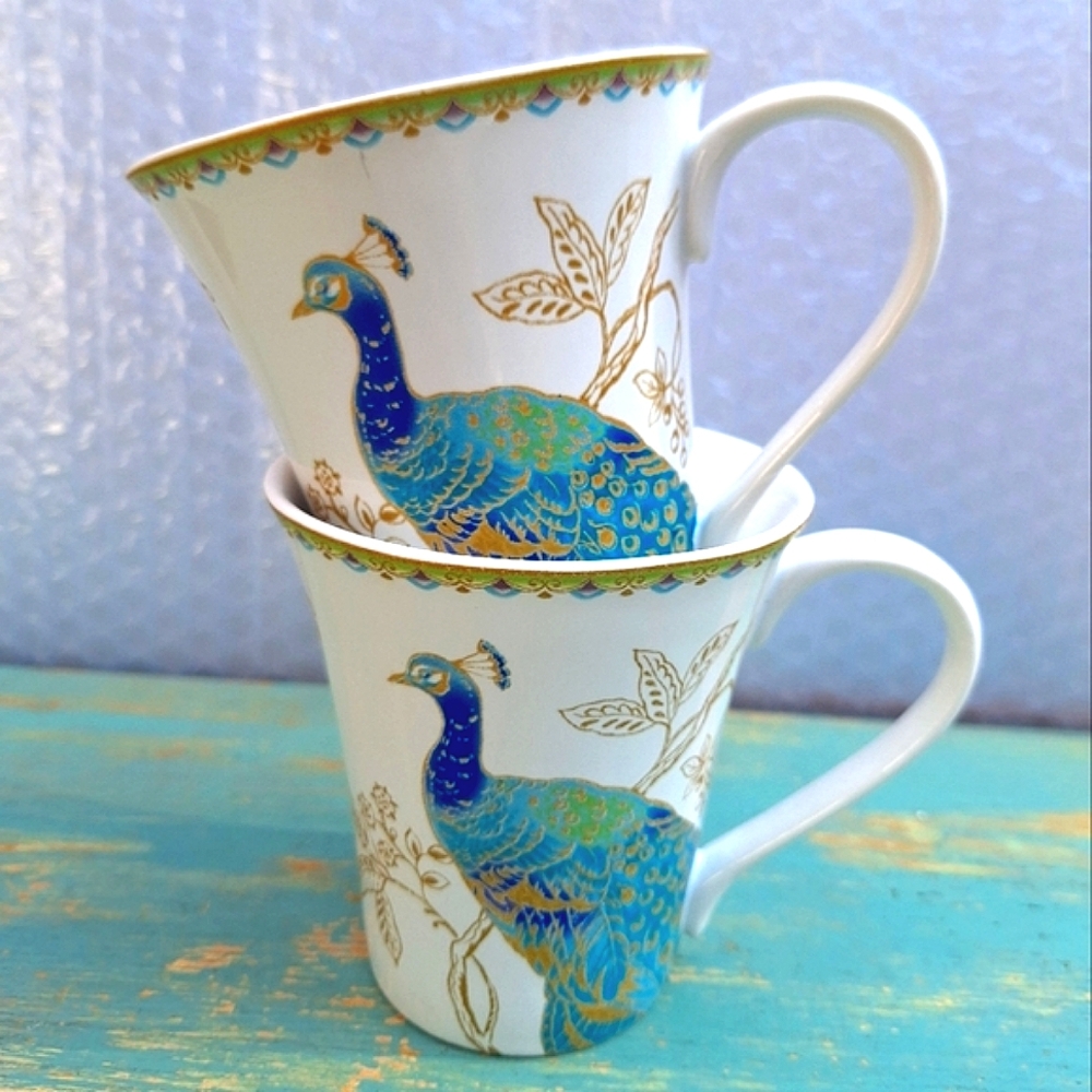 2 Peacock Mugs Coffee Cup Porcelain Teacup Bird Lover Gift Replacement